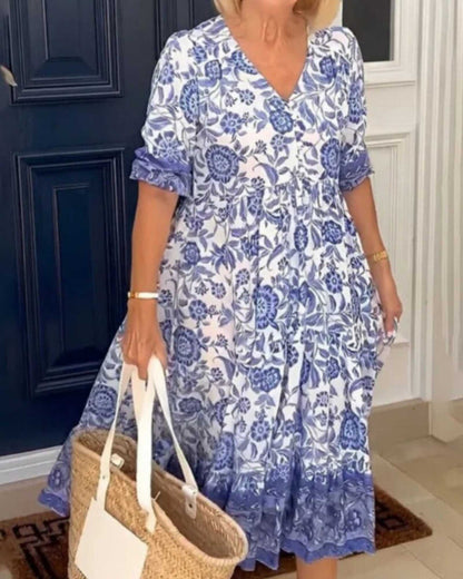 Sofia – Elegant Blue Floral Midi Dress