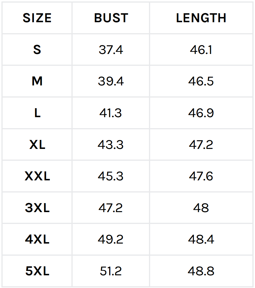 Size chart (inches)