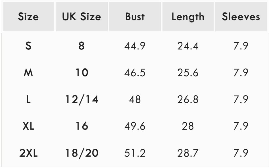 Size chart (inches)