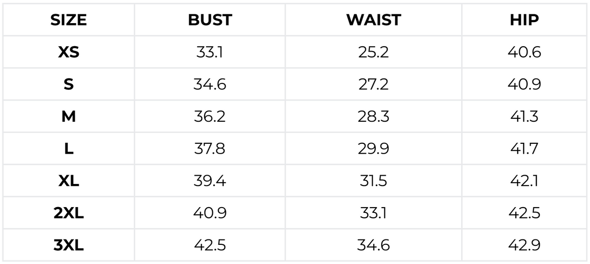 Size chart (inches)