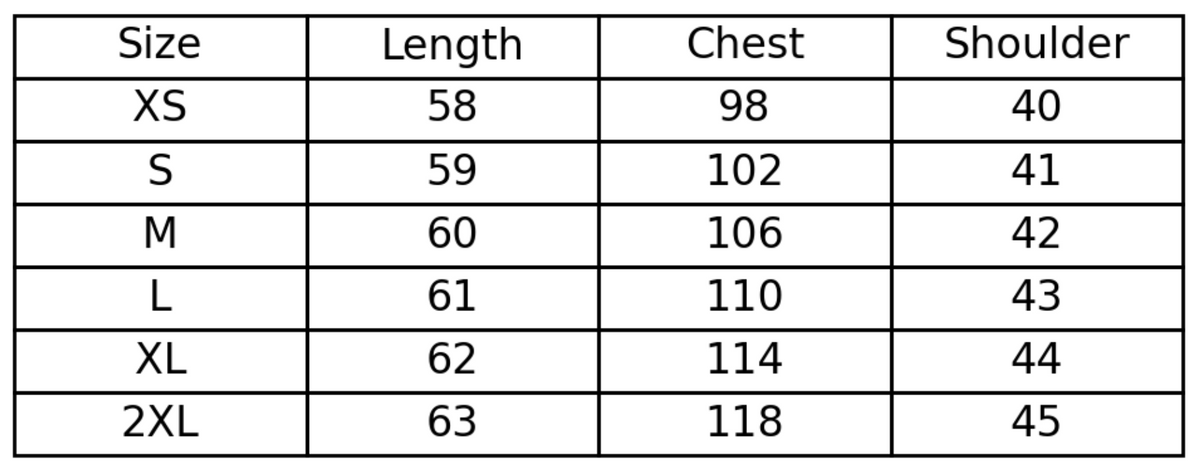 Size chart (cm)