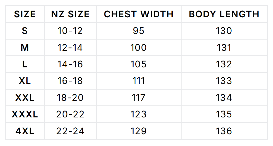 Size chart (cm)