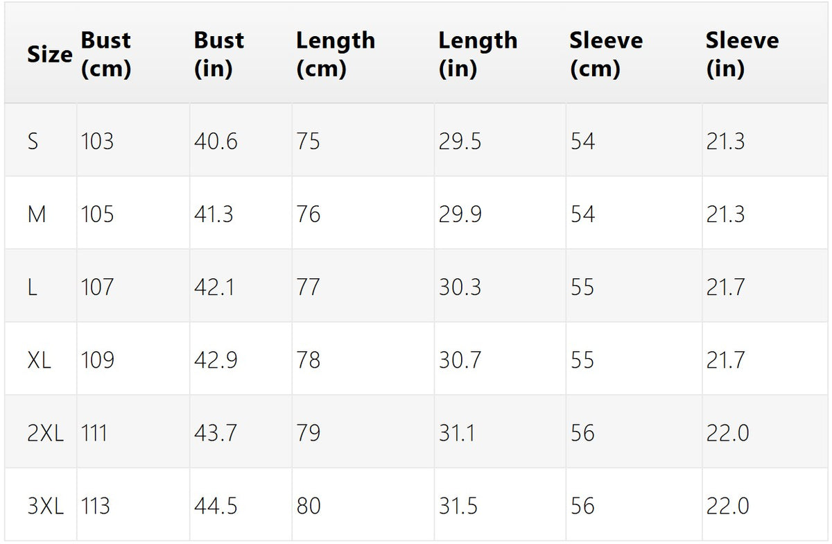 Size chart (cm)